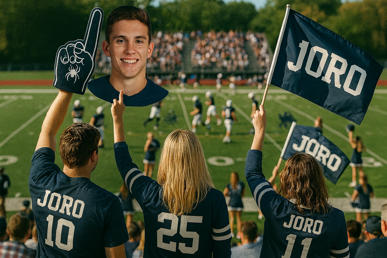 High school football game with players, cheerleaders, coaches, and fans in the stands.